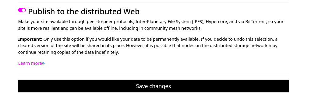 Toggle box with "Publish to Distributed Press" beside it and additional information on what that means.